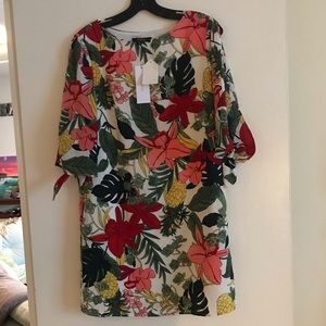 Tropical Floral Shift Dress with Tie Sleeves